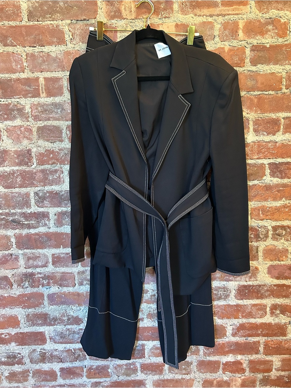 St. John Black Blazer with White Topstitching and Self-Tie Belt
